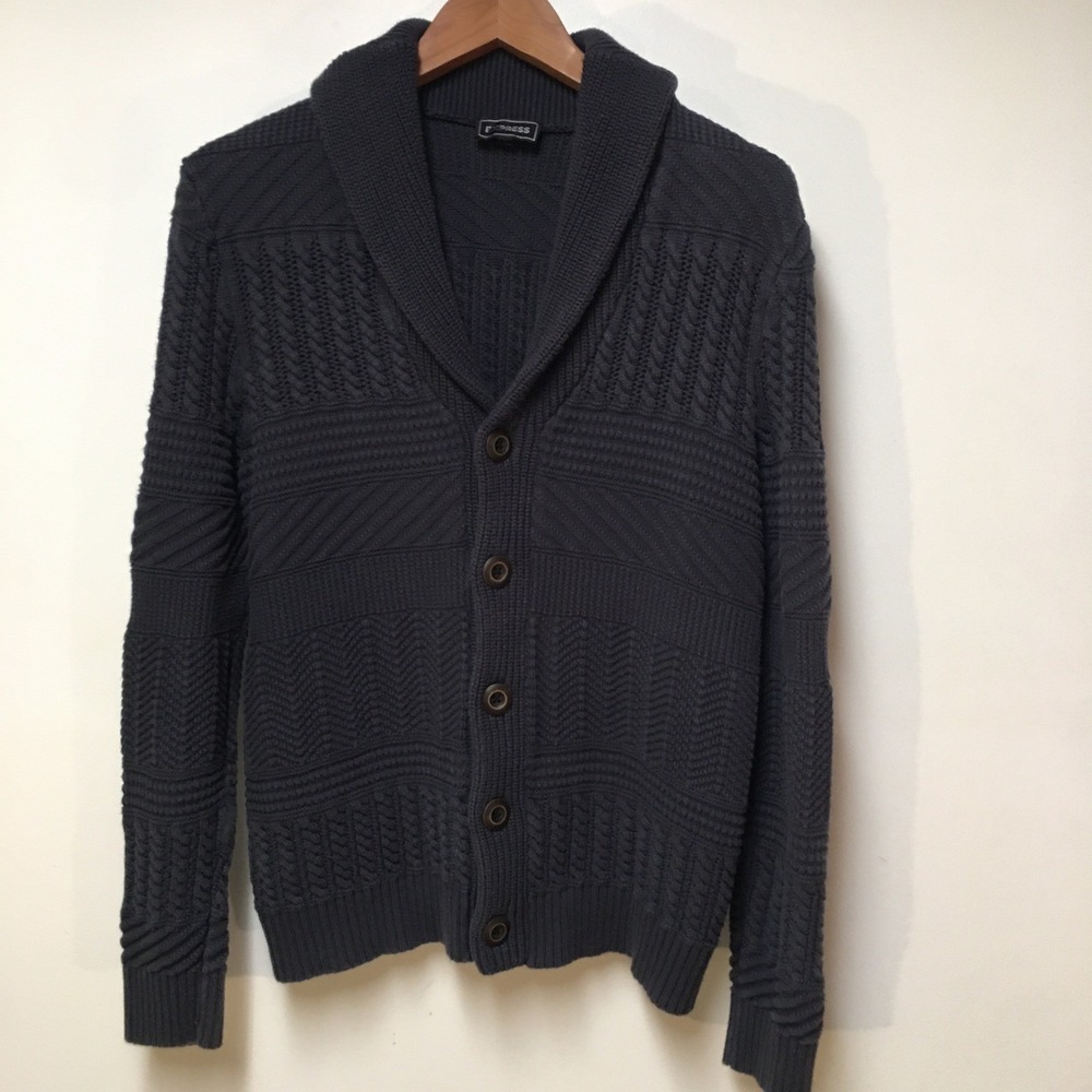 Express Cardigan Sweater Mens Medium Gray Shawl Collar Cable Knit Cotton Heavy